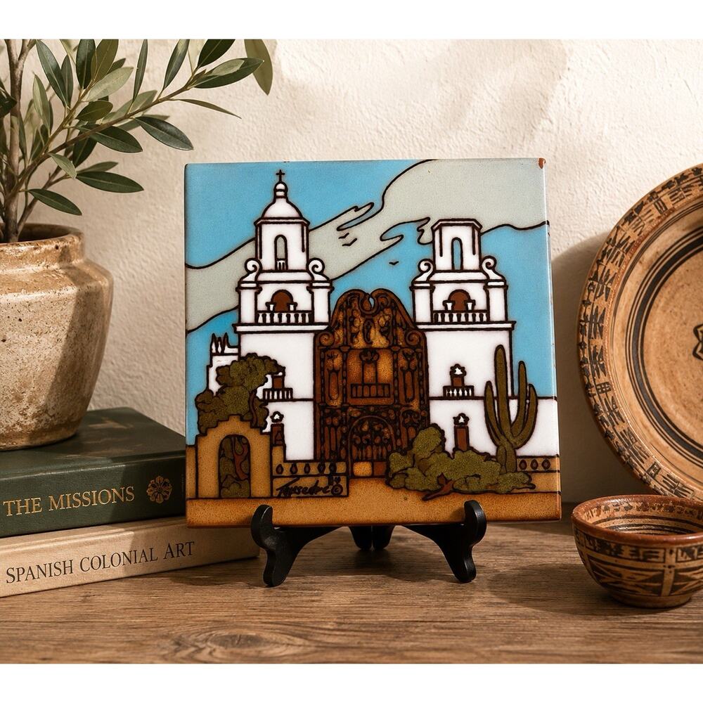Teissedre Designs San Xavier Mission Tucson Arizona 6” Ceramic Art Tile Trivet - Picture 2 of 7